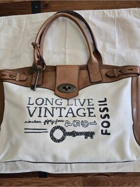 Fossil White Canvas Tote with Tan Leather Trim. Excellent Condition
